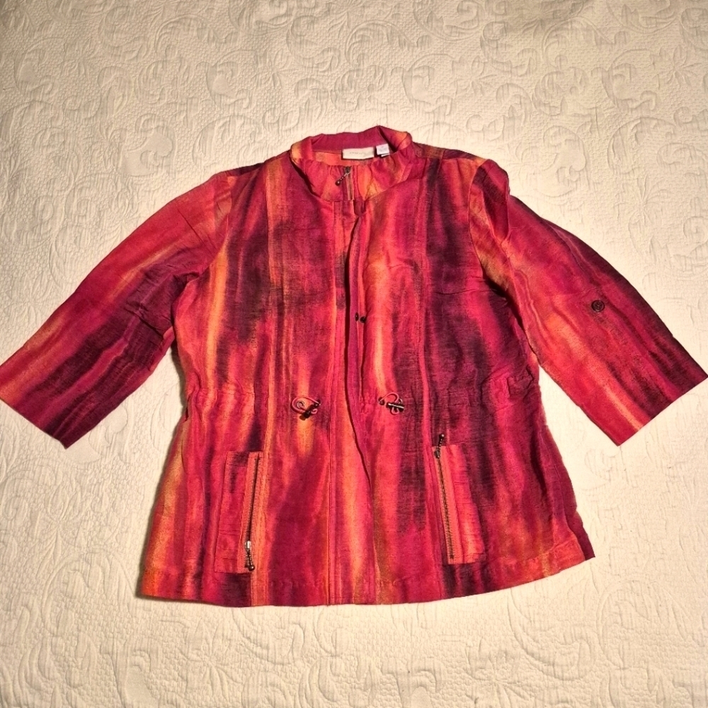 Chico's women's size 2 or Large 3/4 sleeve full zip up jacket multi red shades
